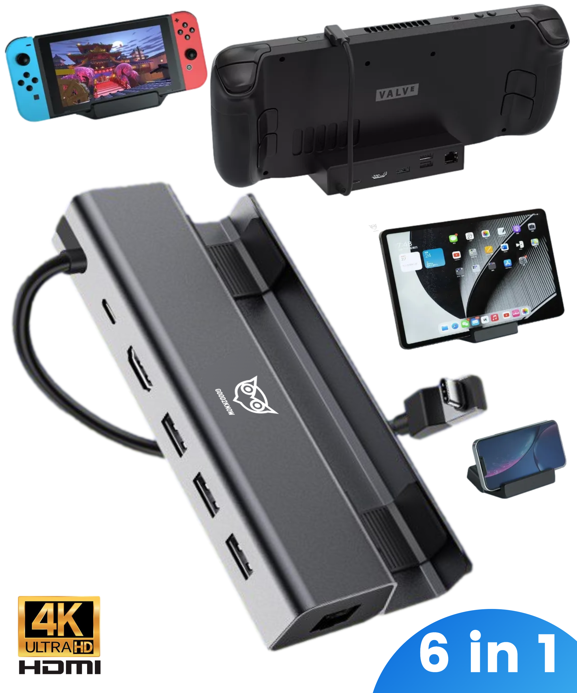 Steam Deck Dock 6 in 1 - 4K HDMI - Multifunctioneel Docking station vo