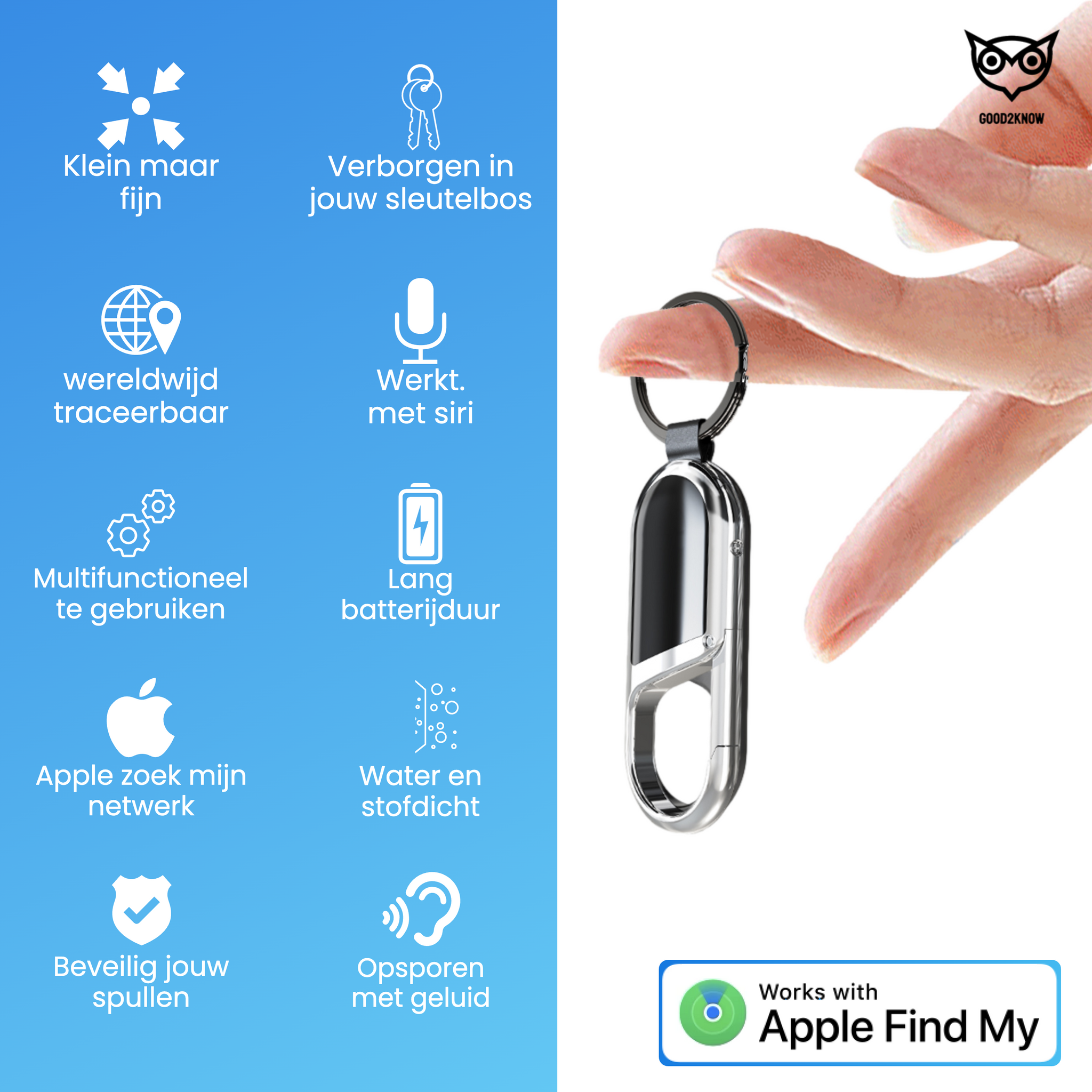 Airtag Sleutelhanger Zilver - Keyfinder - GPS Tracker - Sleutelvinder met geluid – GPS Sleutelhanger Tracker – Waterdicht – Werkt met Apple Zoek Mijn