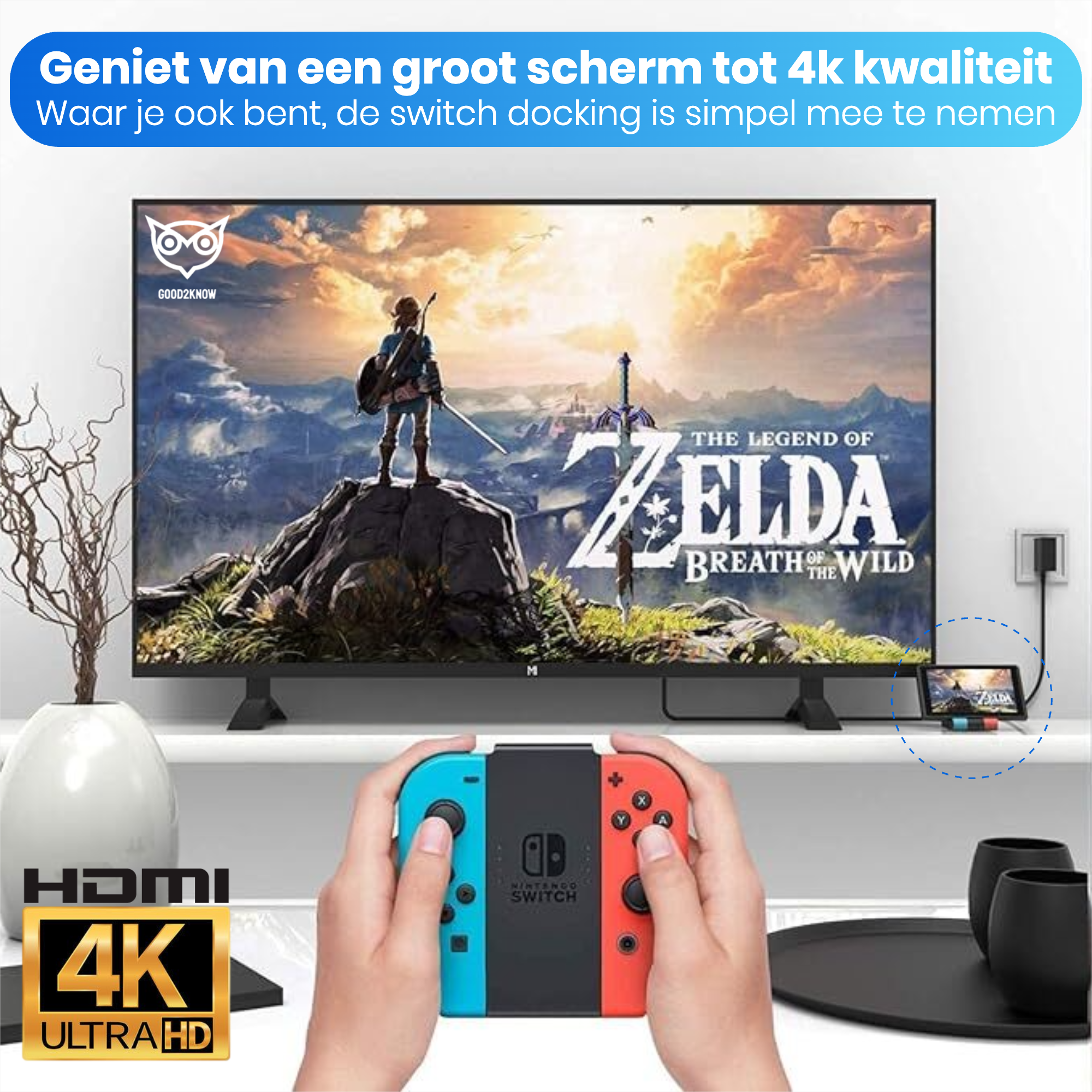 Good2know Nintendo Switch Dock Set - 5 in 1 Docking station geschikt voor Switch & OLED - Ultra HD 4K HDMI - TV/Monitor aansluiting voor Schermprojectie - Inclusief thumb grips(G2K-69)