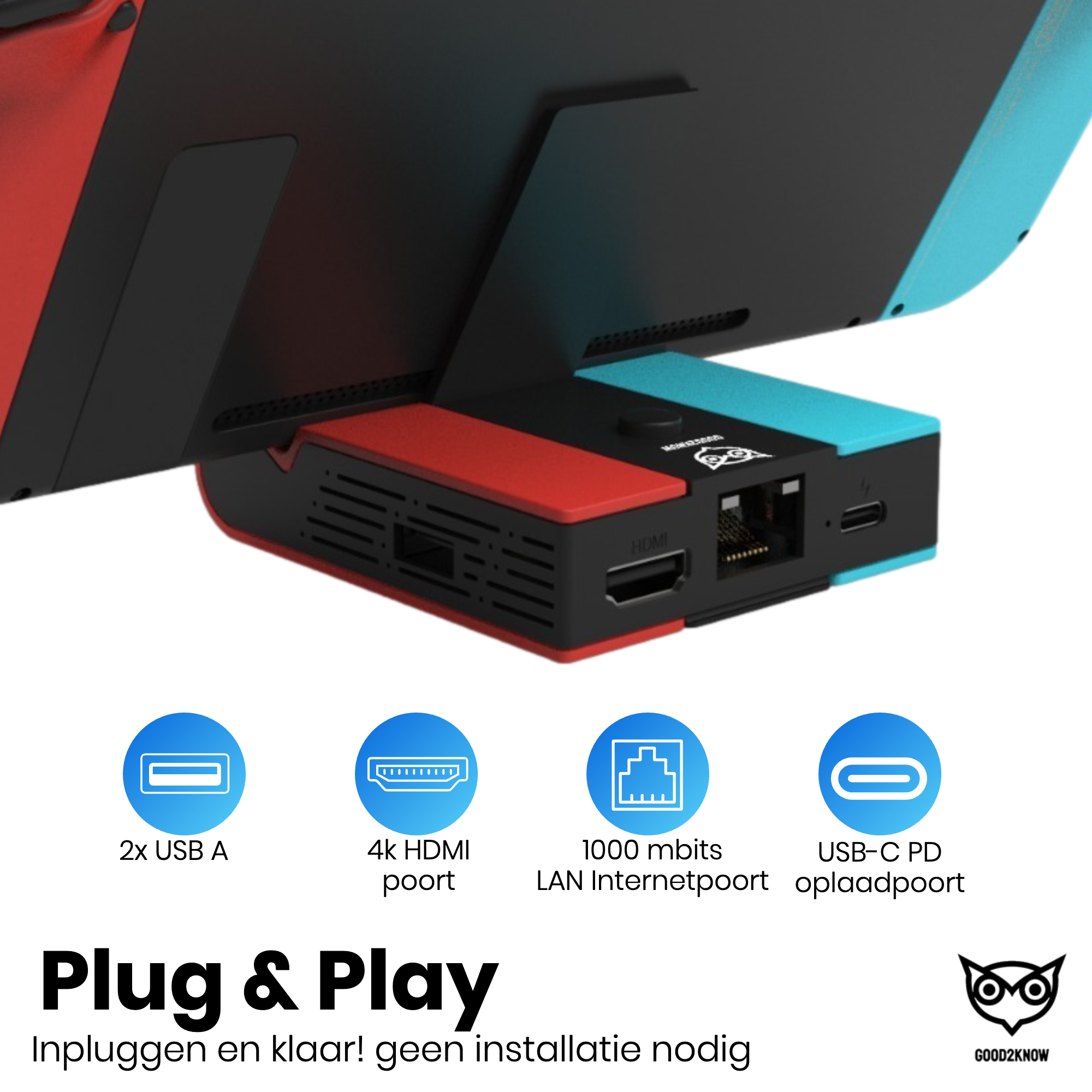 Good2know Nintendo Switch Dock Set - 5 in 1 Docking station geschikt voor Switch & OLED - Ultra HD 4K HDMI - TV/Monitor aansluiting voor Schermprojectie - Inclusief thumb grips(G2K-69)