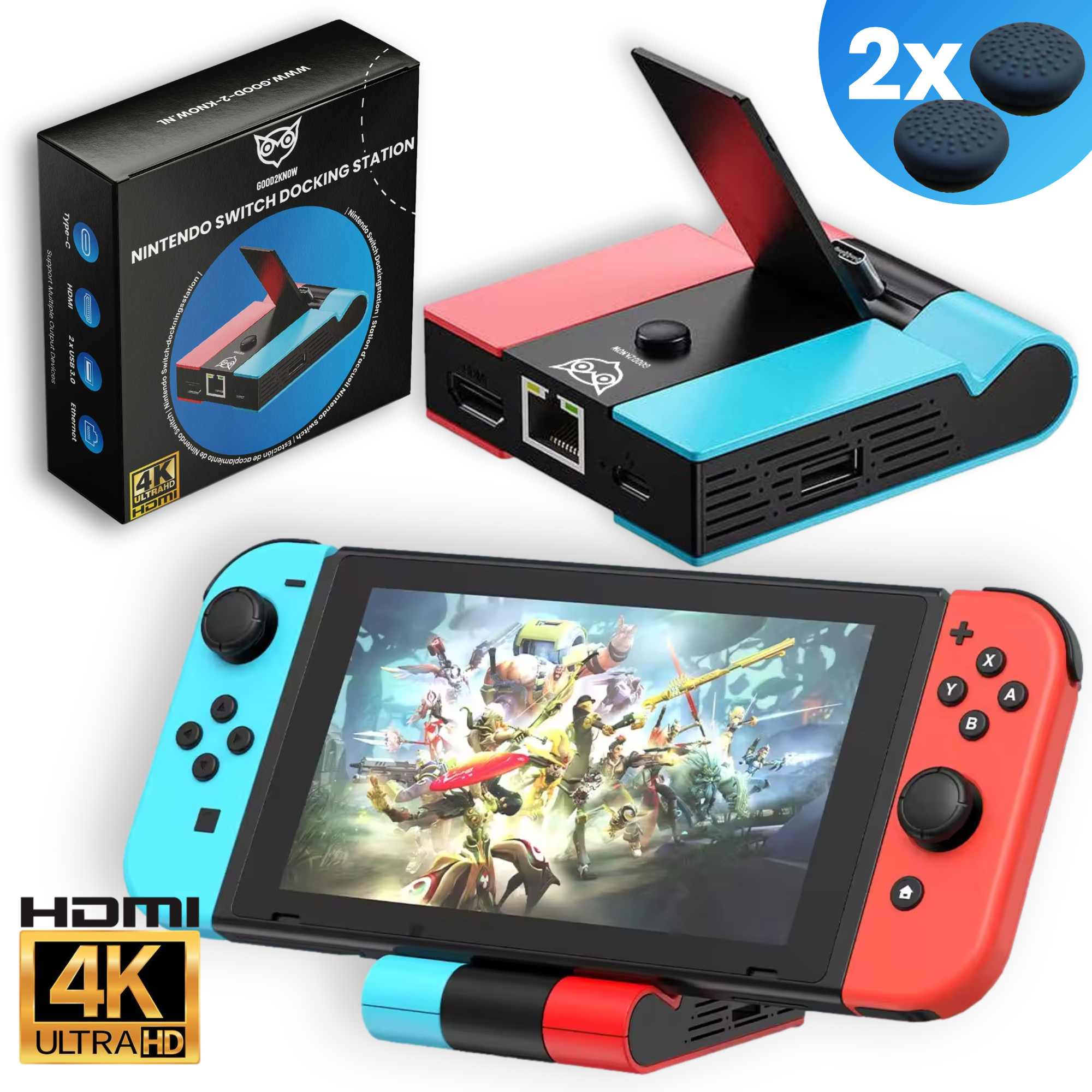 Good2know Nintendo Switch Dock Set - 5 in 1 Docking station geschikt voor Switch & OLED - Ultra HD 4K HDMI - TV/Monitor aansluiting voor Schermprojectie - Inclusief thumb grips(G2K-69)