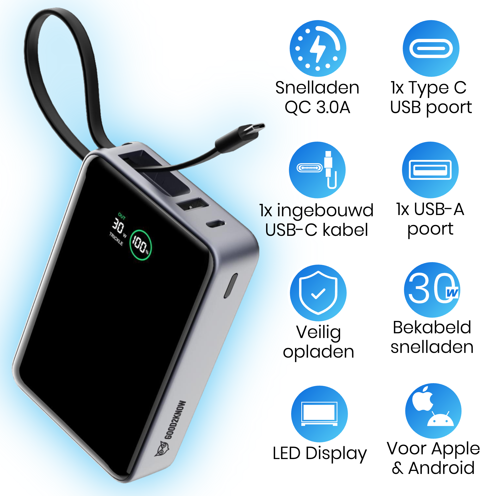 Powerbank 20.000 mAh - 30W Snellader met Ingebouwde USB-C Kabel - Laptop powerbank - Smartphone powerbank - [G2K-78]