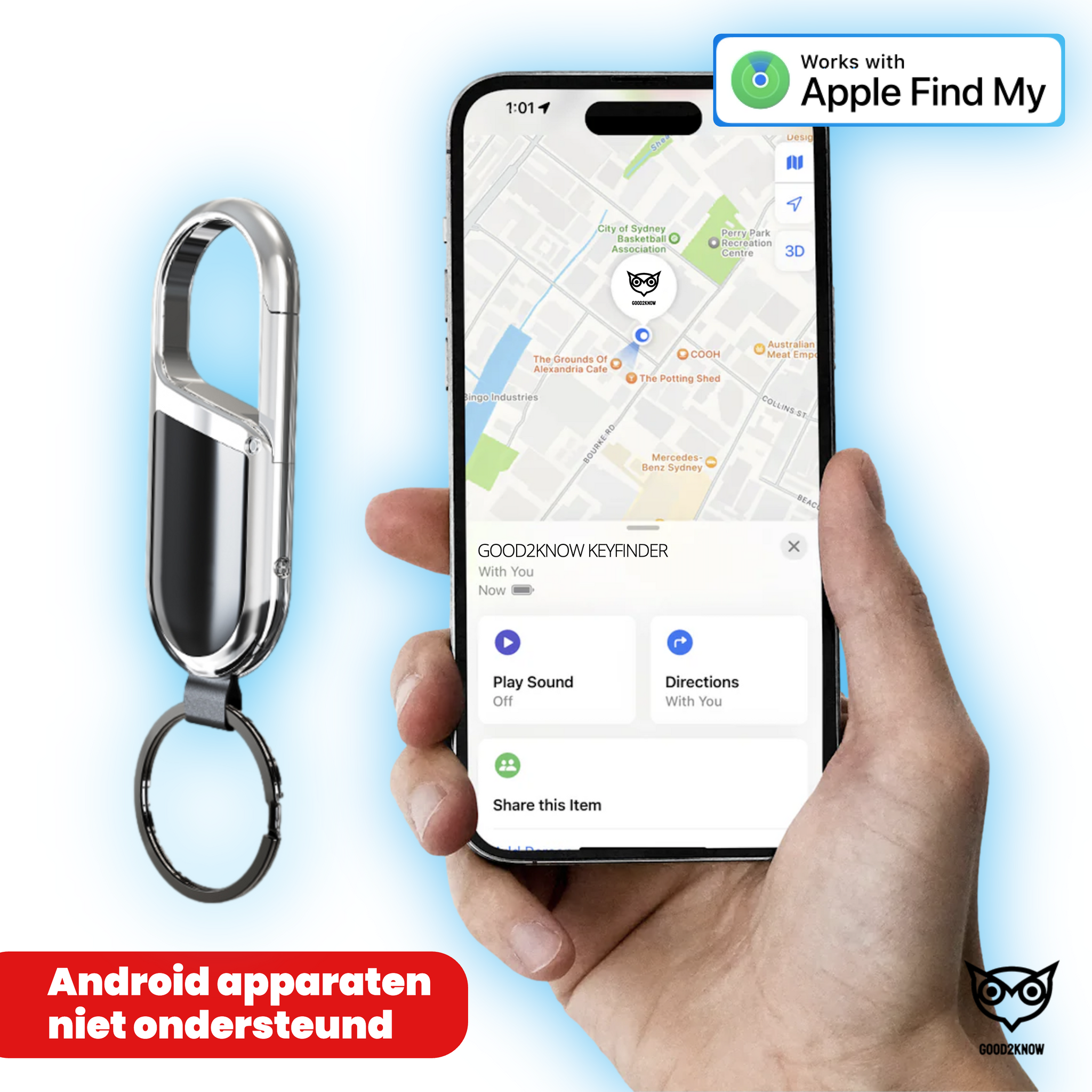 Airtag Sleutelhanger Zilver - Keyfinder - GPS Tracker - Sleutelvinder met geluid – GPS Sleutelhanger Tracker – Waterdicht – Werkt met Apple Zoek Mijn