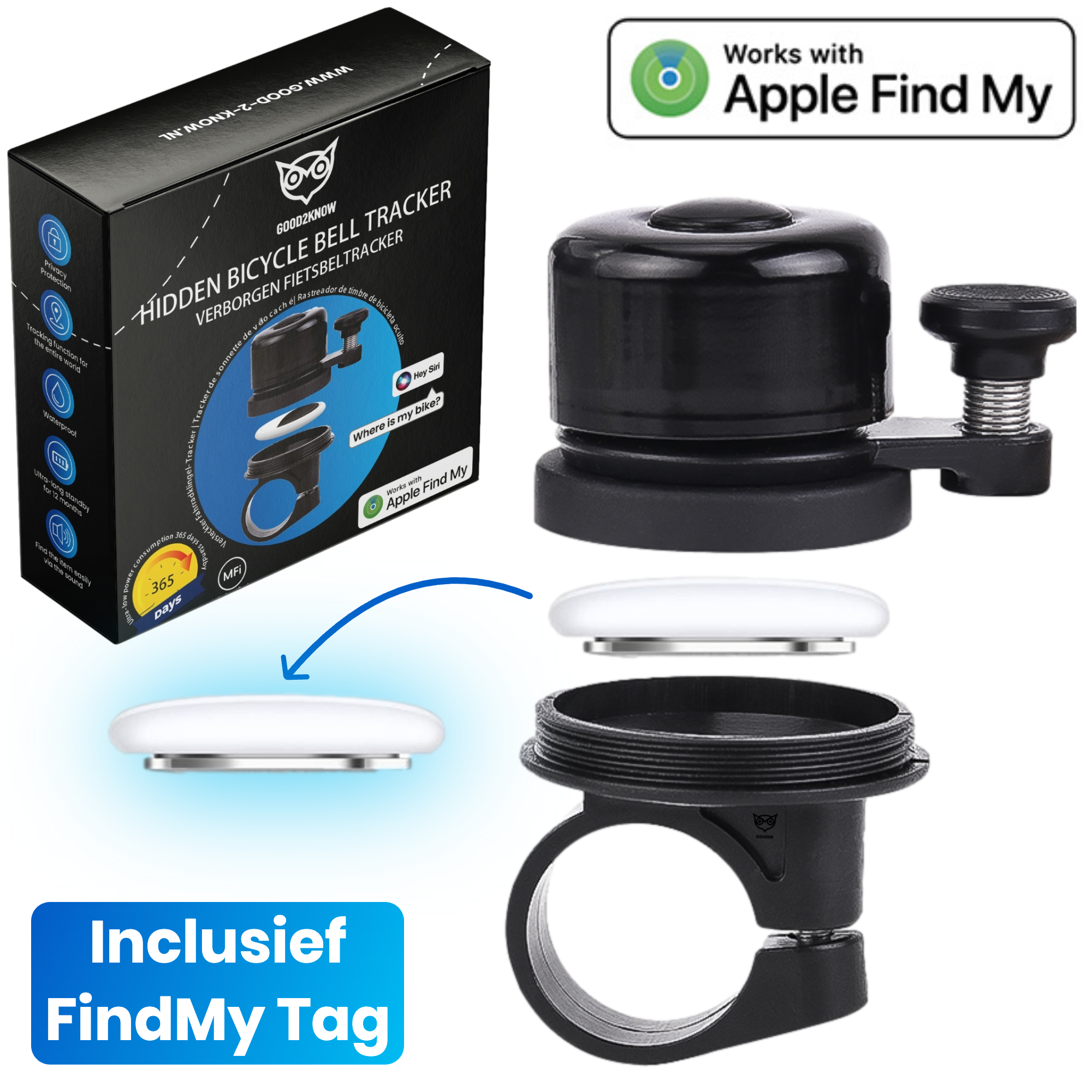 Good2know Fietsbel Tracker met Airtag – Airtag houder – Gps tracker fiets - Airtag Fiets  - Fiets gps inclusief AirTag – Fiets accessoires – Fietsbel Racefiets – Verborgen als fietsbel