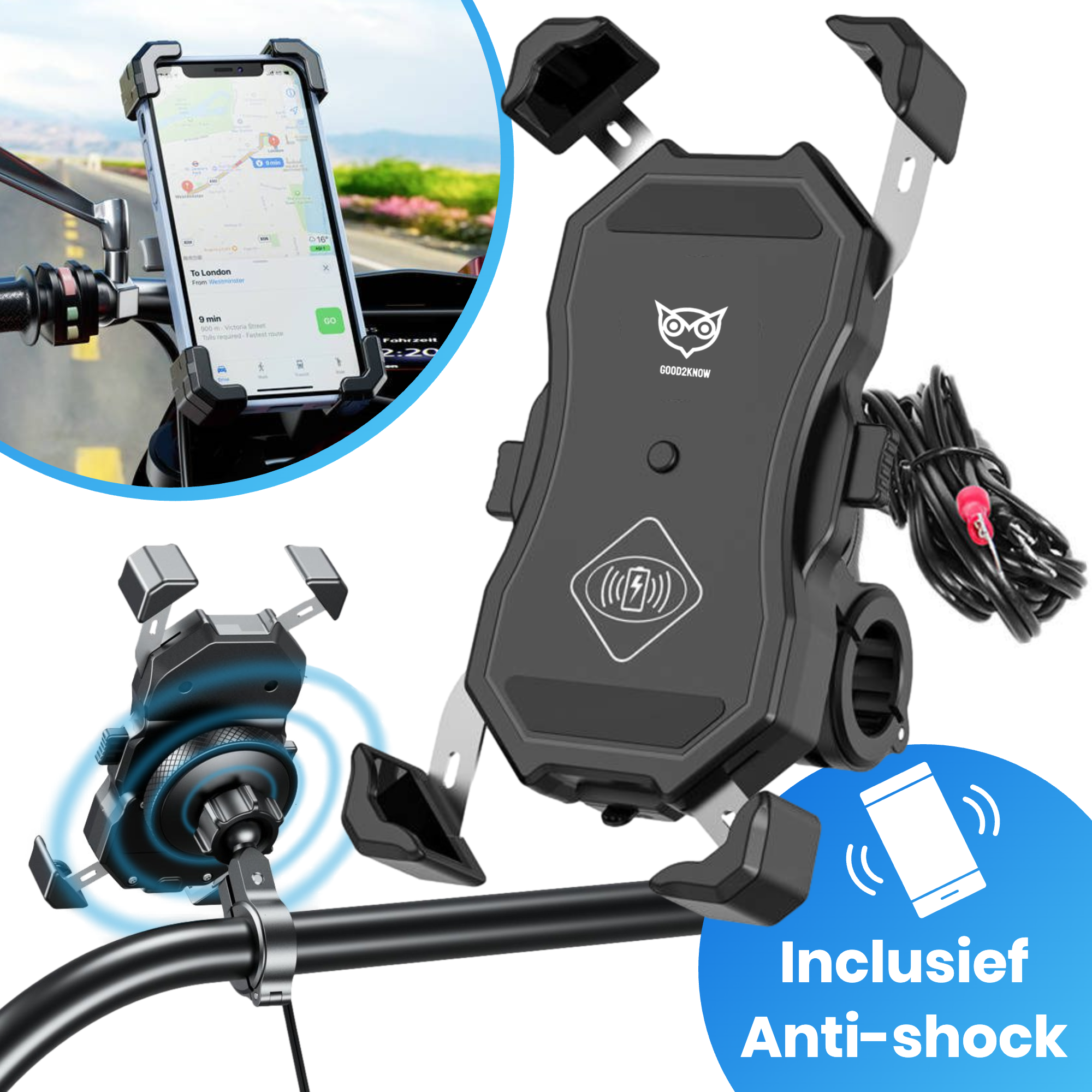 Telefoonhouder motor/ATV met anti-shock - Smartphone houder met anti-trillingsdempers - Met Draadloze Oplader - Telefoon standaard - 360º Draaibaar(G2K-67)