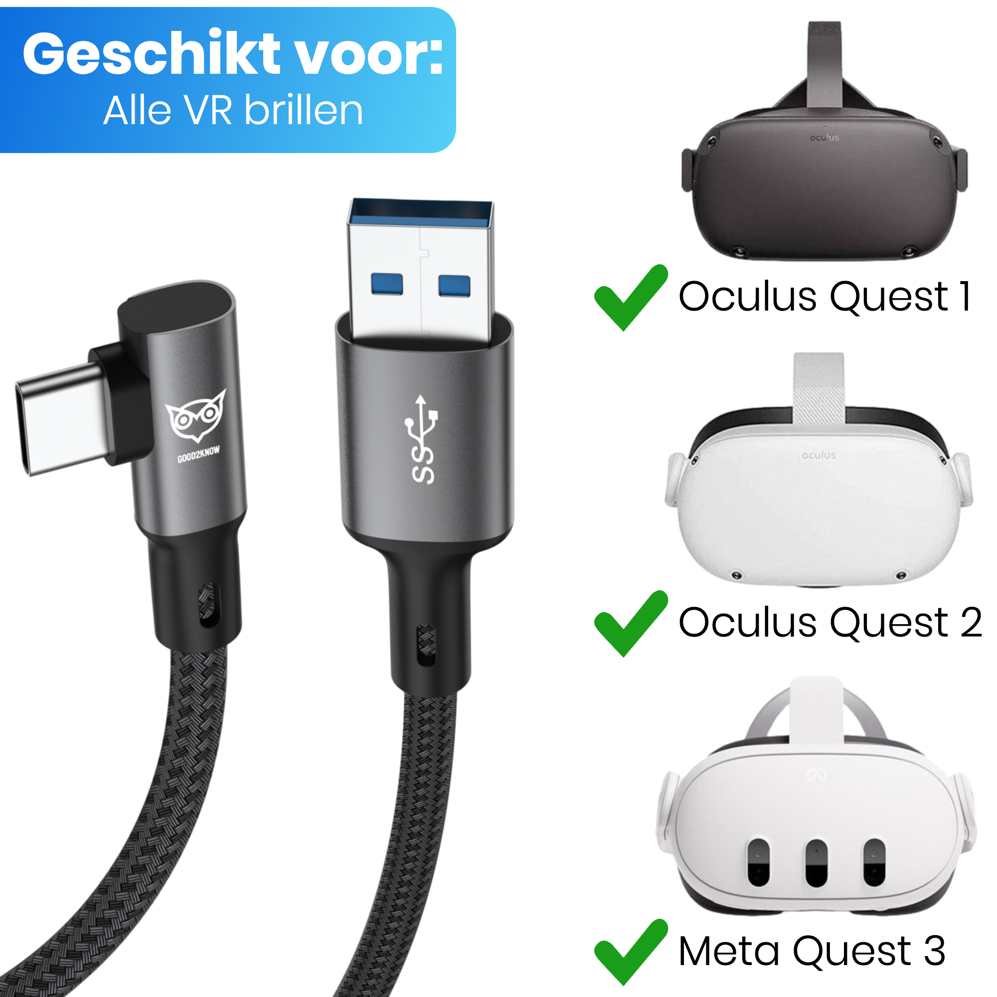 Good2Know Oculus Quest 2, 1 en Meta 3 Link kabel - USB A - 5 Meter - VR bril