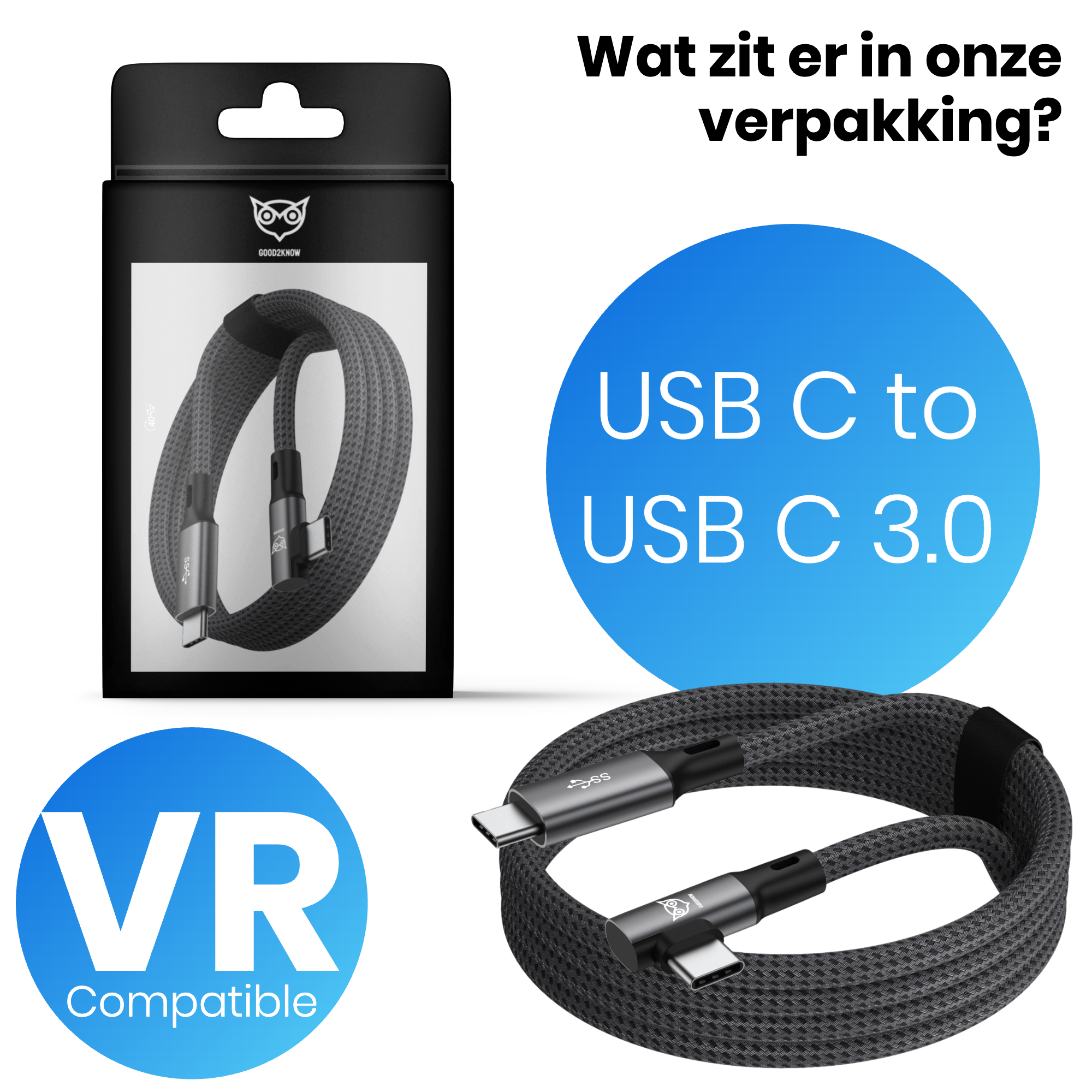 VR Kabel geschikt voor Oculus Quest 2, 1 en Meta 3 Link kabel - USB C - 5 Meter - VR bril