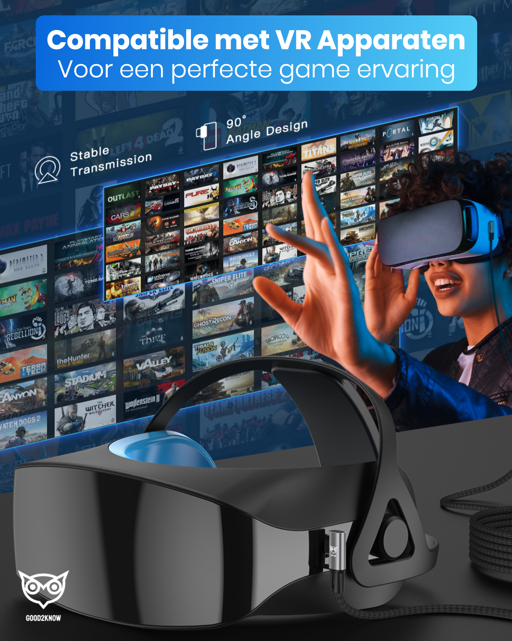 VR Kabel geschikt voor Oculus Quest 2, 1 en Meta 3 Link kabel - USB C - 5 Meter - VR bril