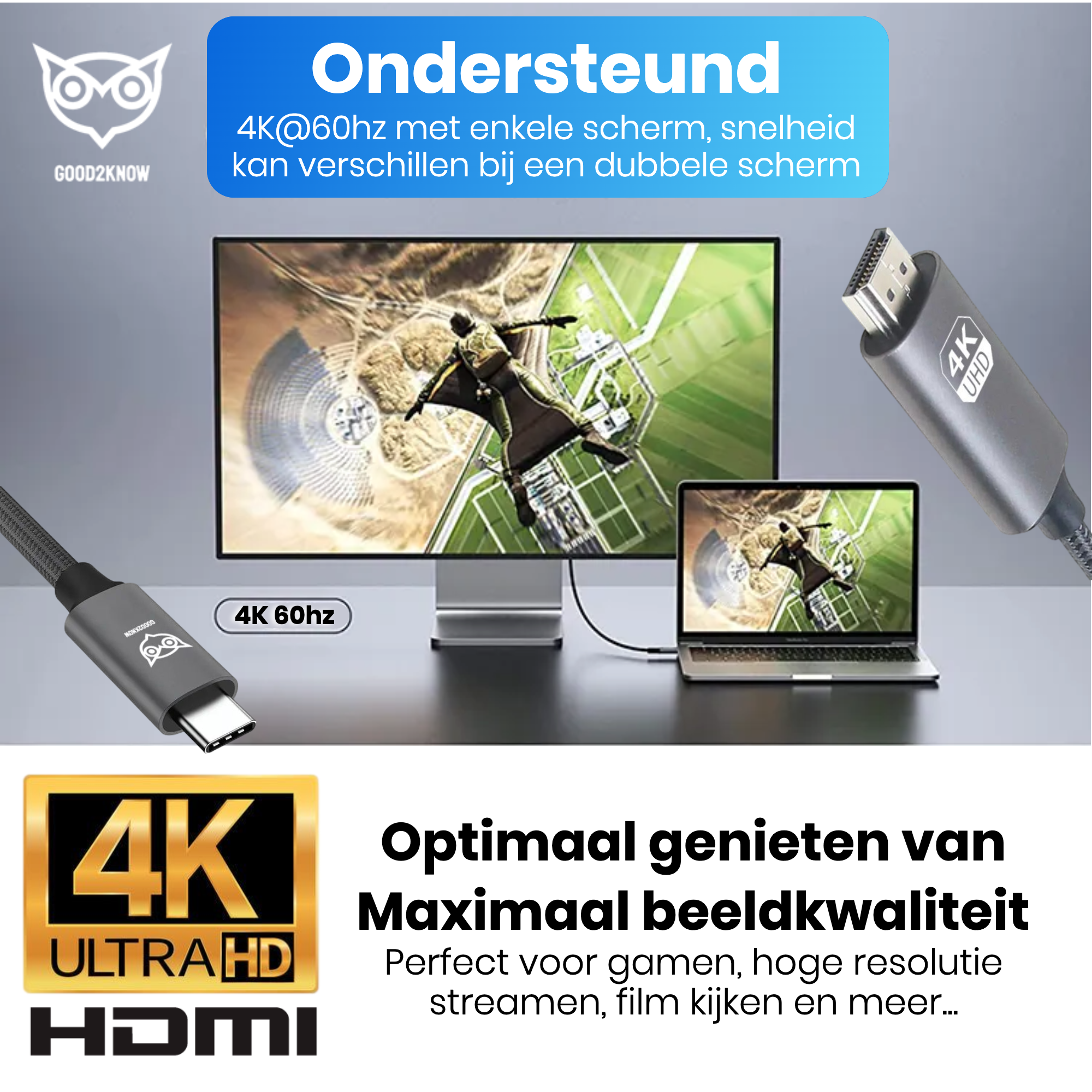 Good2know Usb c naar HDMI - 2 meter - Ultra 4k - 2k - Video kabel geschikt voor macbook pro, air - hdmi switch - usb c naar hdmi kabel