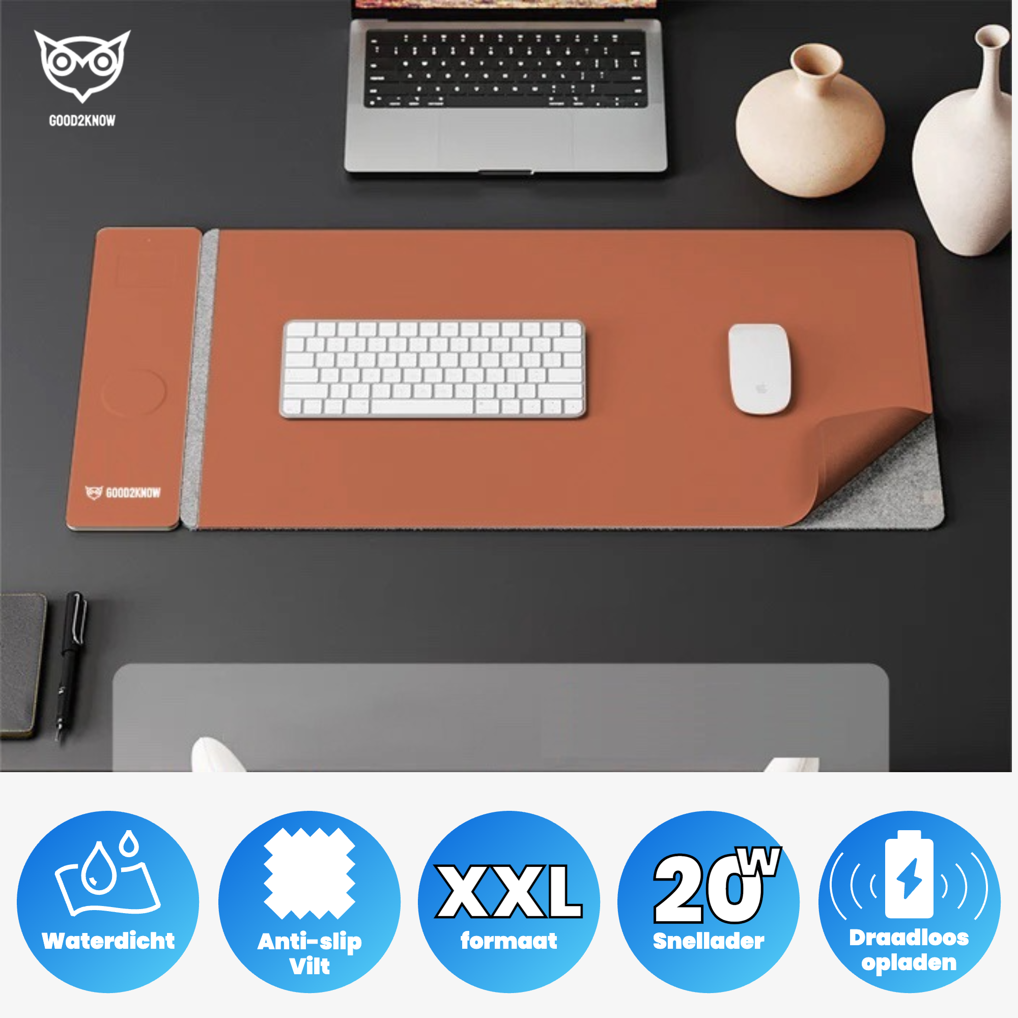 XXL muismat met 20W draadloze Qi-oplader – waterdicht & anti‑slip bureaumat - Bruin