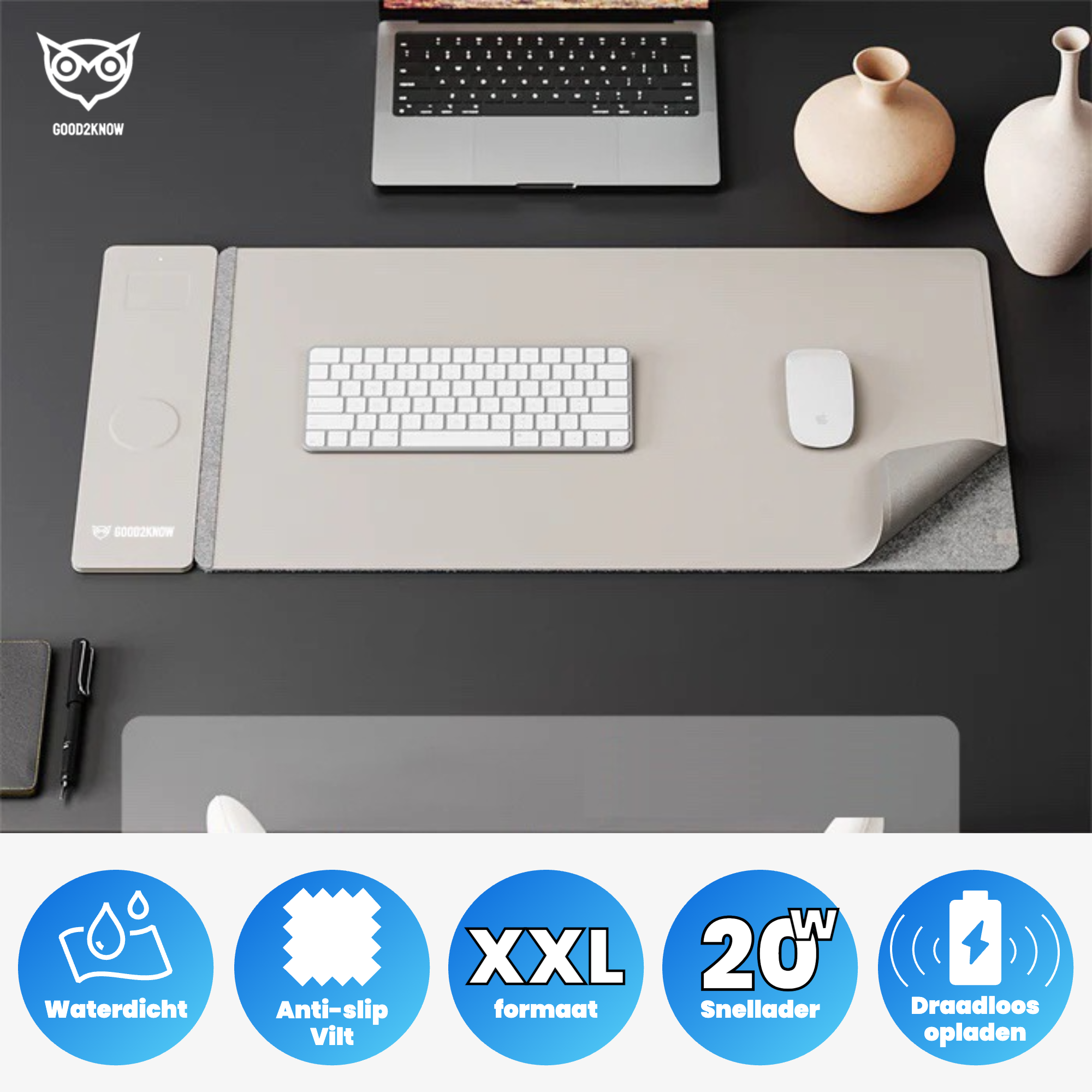 XXL muismat met 20W draadloze Qi-oplader – waterdicht & anti‑slip bureaumat - Grijs