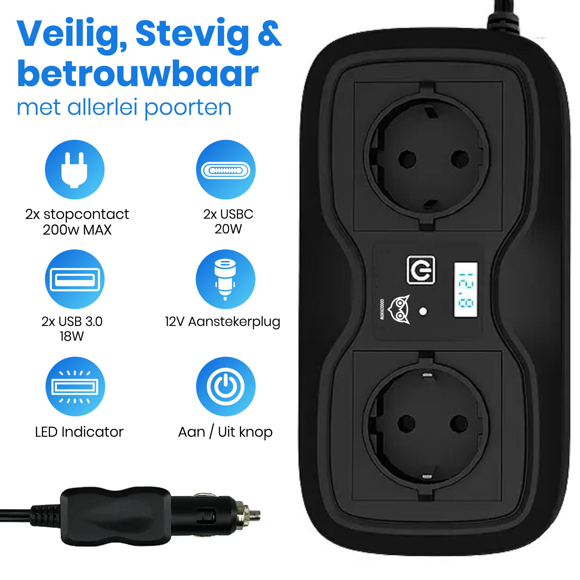 Auto Omvormer 12V 230V – Spanningsomvormer – Auto stopcontact omvormer - Sigarettenaansteker Splitter – 2 Stopcontacten, 2 usb-a poorten, 2 usb-c poorten, 1 aanstekerpoort