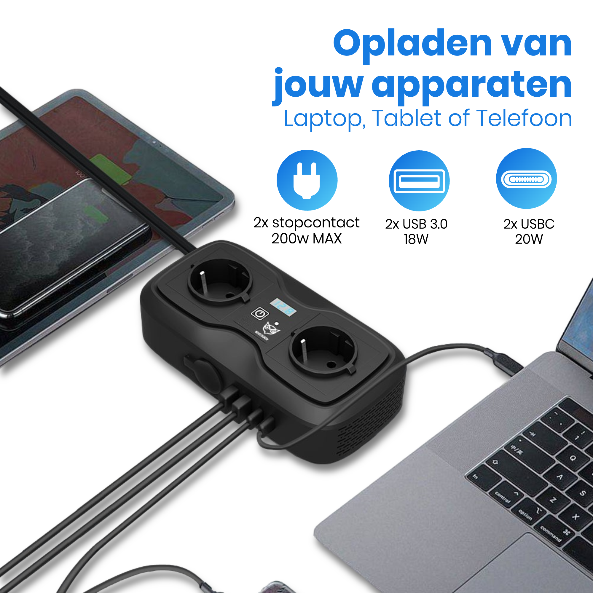 Auto Omvormer 12V 230V – Spanningsomvormer – Auto stopcontact omvormer - Sigarettenaansteker Splitter – 2 Stopcontacten, 2 usb-a poorten, 2 usb-c poorten, 1 aanstekerpoort