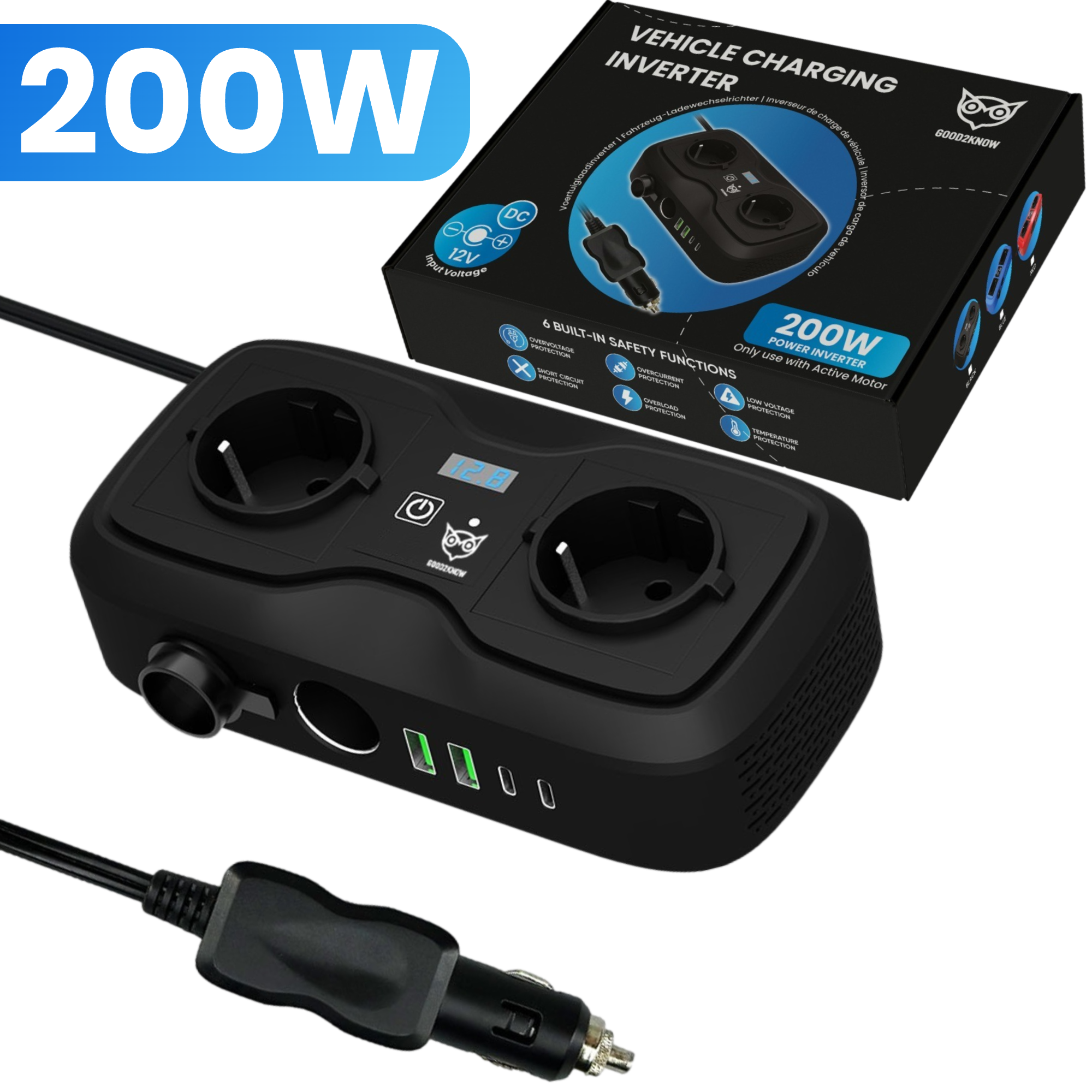 Auto Omvormer 12V 230V – Spanningsomvormer – Auto stopcontact omvormer - Sigarettenaansteker Splitter – 2 Stopcontacten, 2 usb-a poorten, 2 usb-c poorten, 1 aanstekerpoort