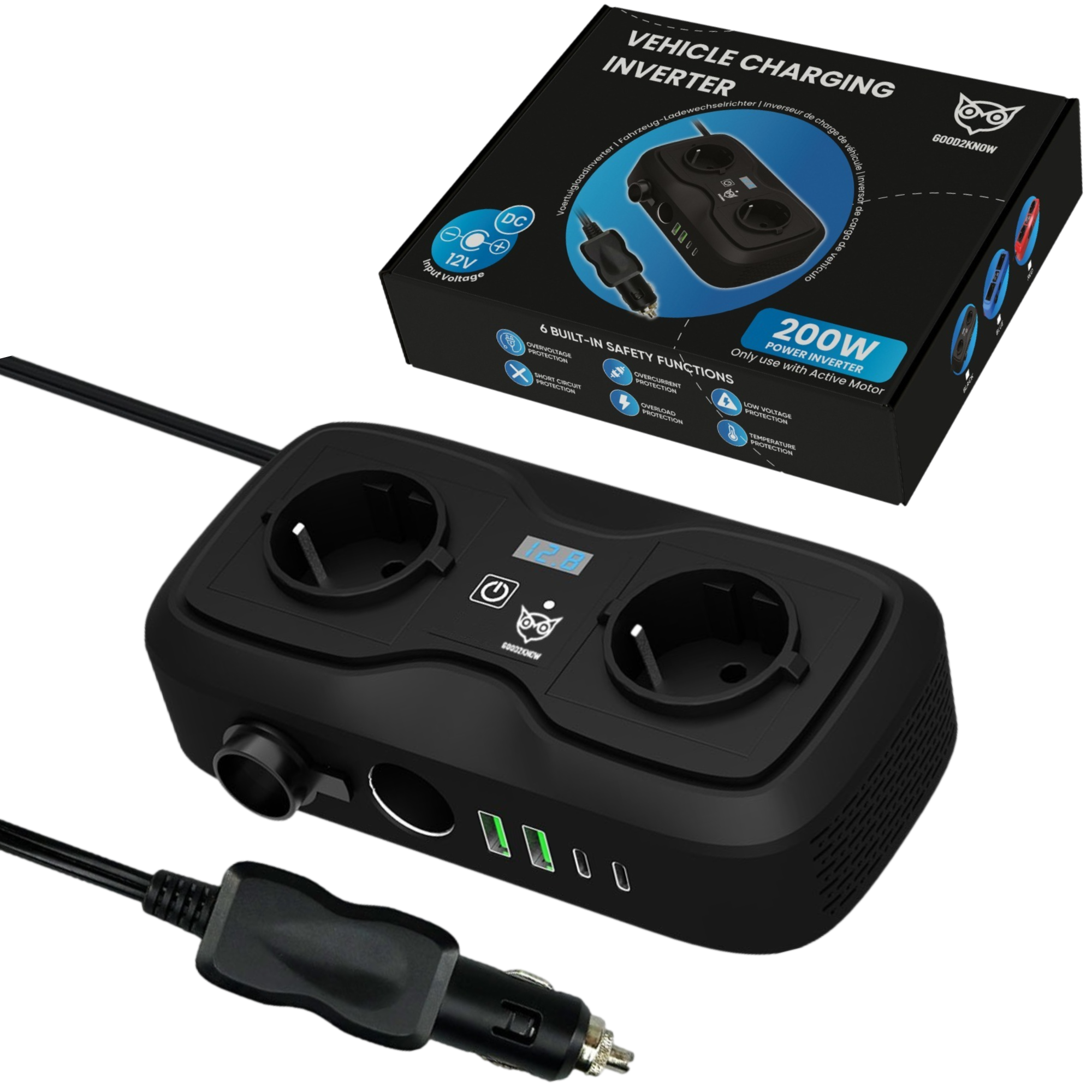 Auto Omvormer 12V 230V – Spanningsomvormer – Auto stopcontact omvormer - Sigarettenaansteker Splitter – 2 Stopcontacten, 2 usb-a poorten, 2 usb-c poorten, 1 aanstekerpoort