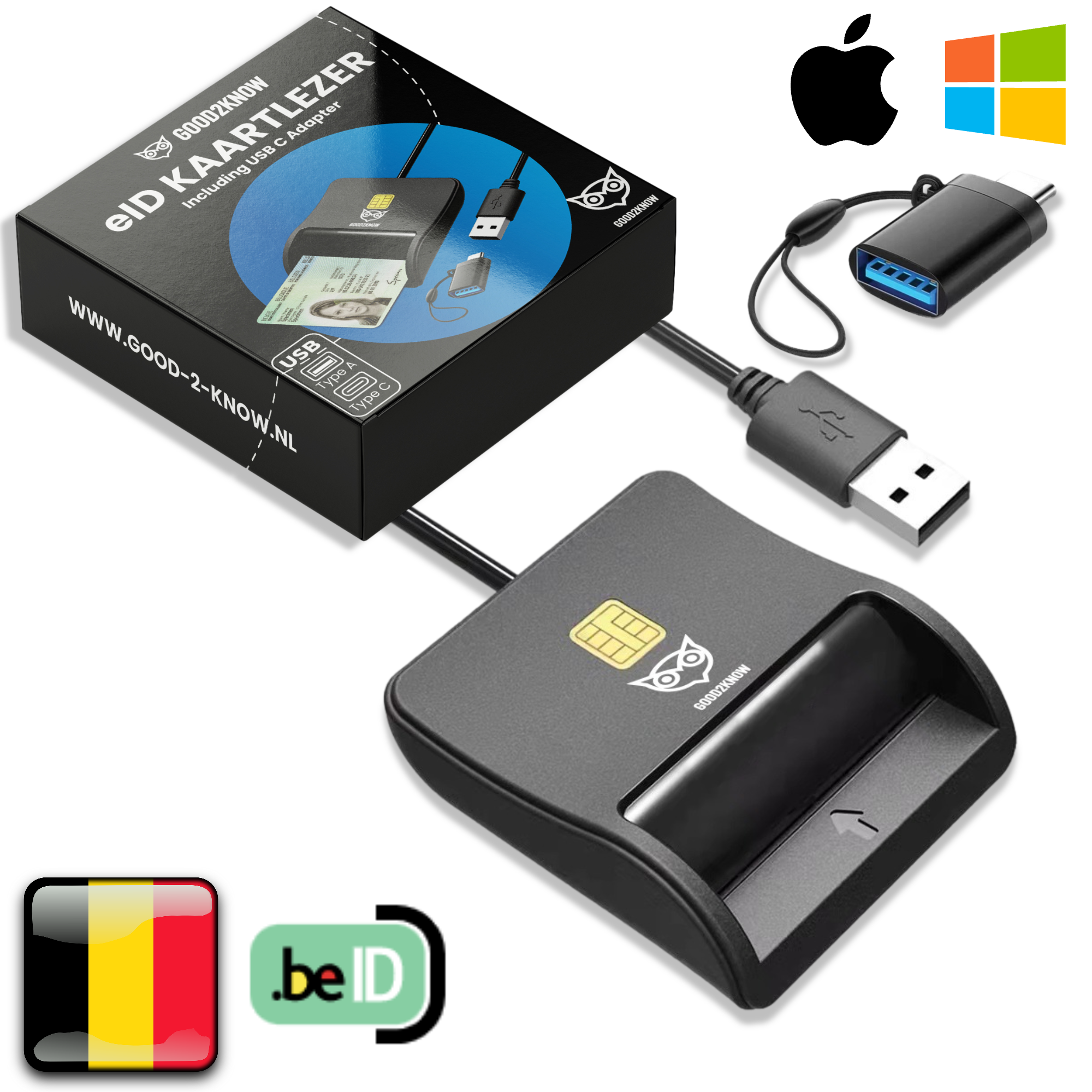 EID Kaartlezer USB C en USB A Card Reader E-ID België Plat Model