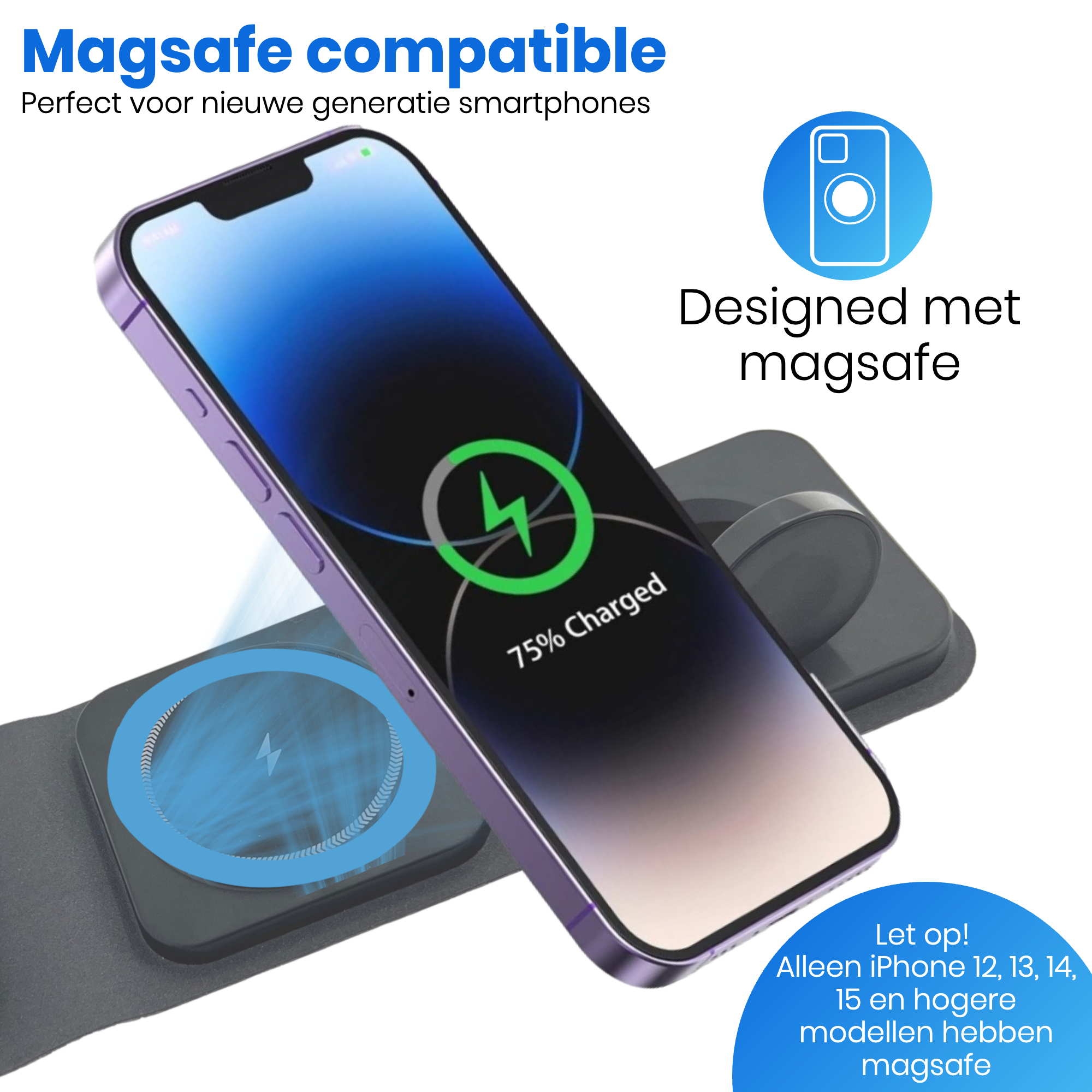 3 in 1 Draadloze Oplader pro - Magnetisch & Inklapbaar – 15W Snellader iPhone & Samsung - Oplaadstation Apple – Magsafe oplader