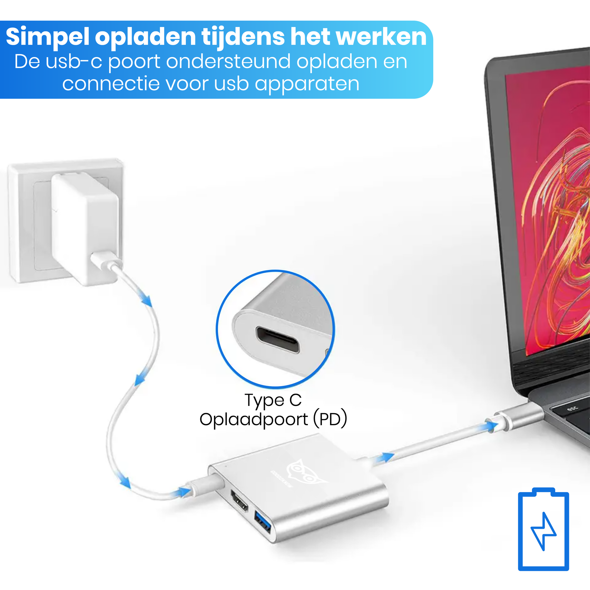 3 in 1 usb c adapter - usb c naar HDMI - 4K@60hz HDMI - PD usbc - USB 3.0