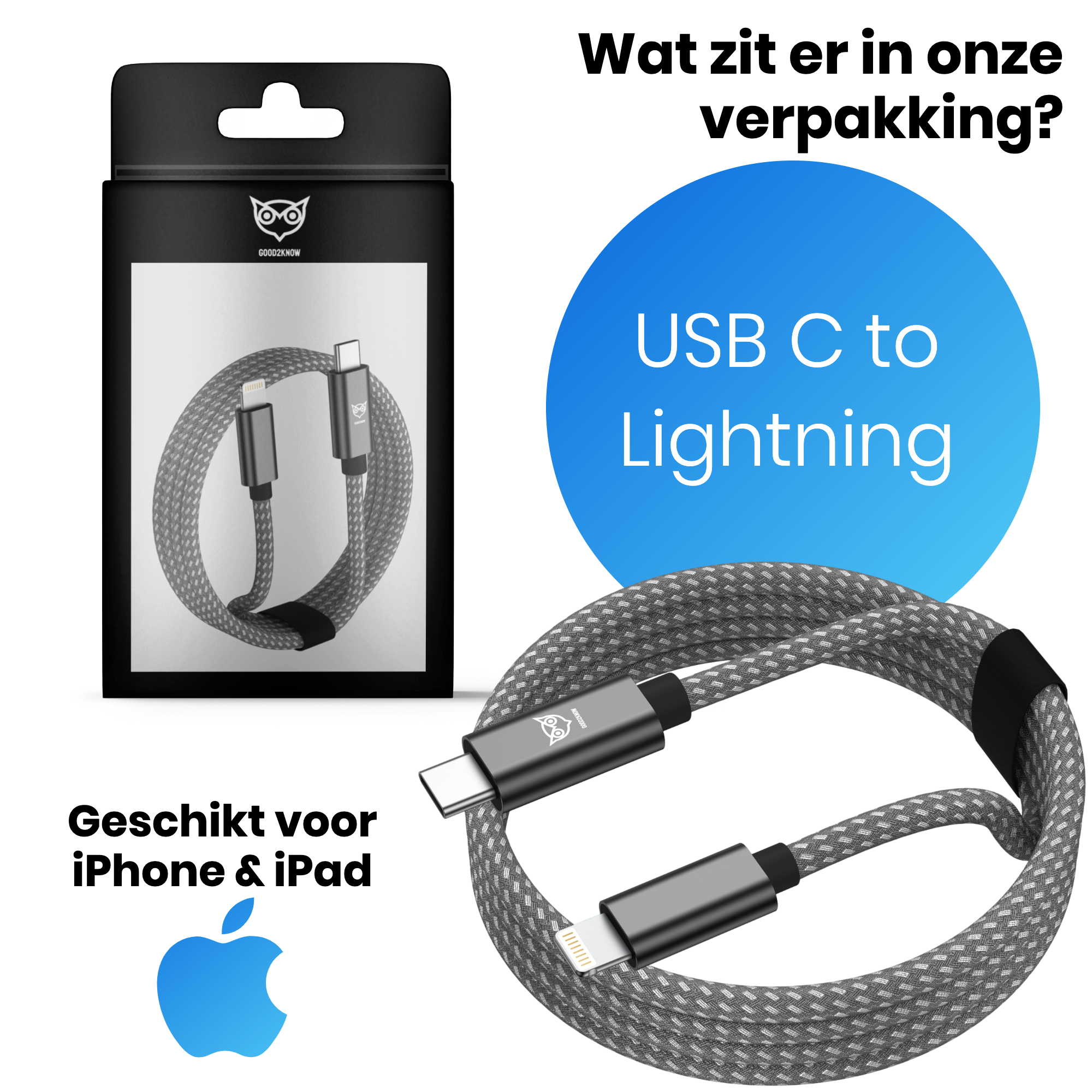 Good2Know USB C naar Lightning kabel 1 meter geschikt voor Apple iPhone, iPad, Airpods - iPhone oplader kabel - lader