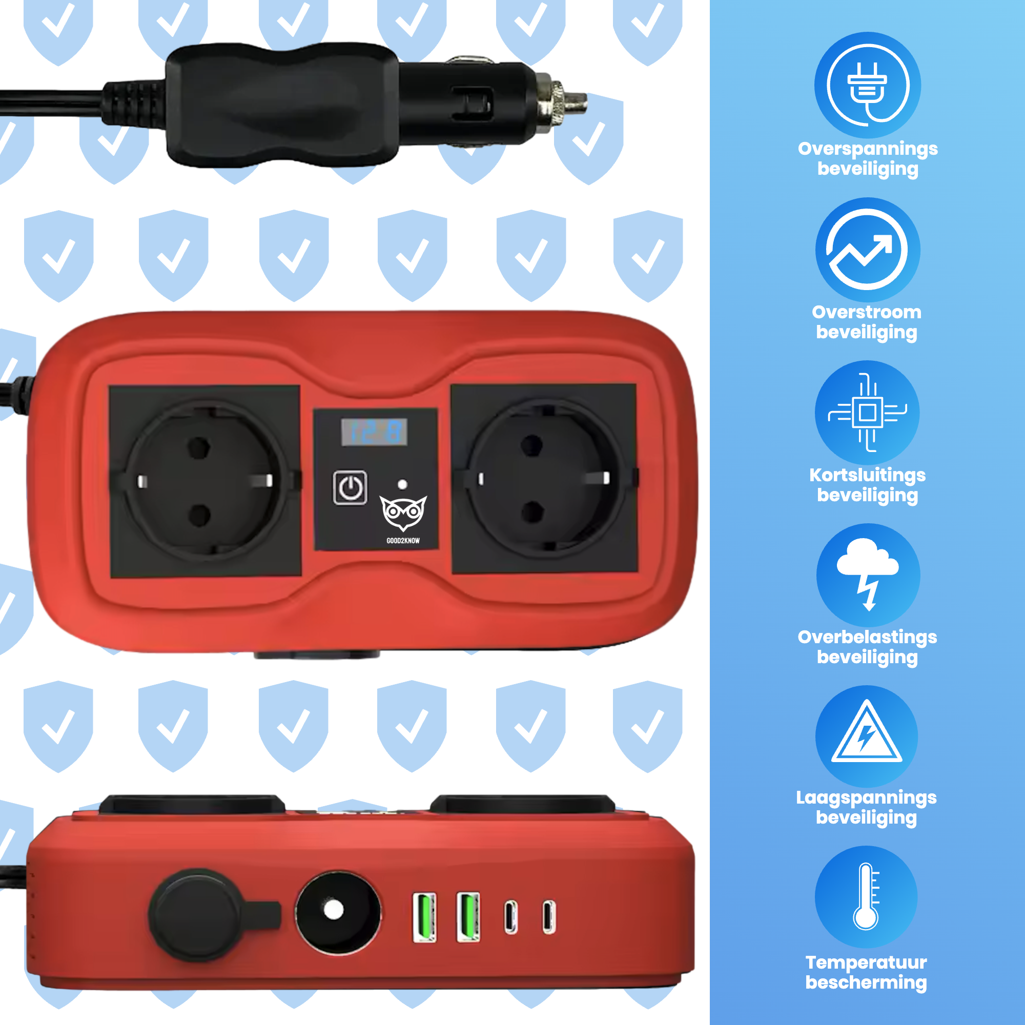 Auto Omvormer 12V 230V – Spanningsomvormer – Auto stopcontact omvormer - Sigarettenaansteker Splitter – 2 Stopcontacten, 2 usb-a poorten, 2 usb-c poorten, 1 aanstekerpoort - ROOD [G2K-77]