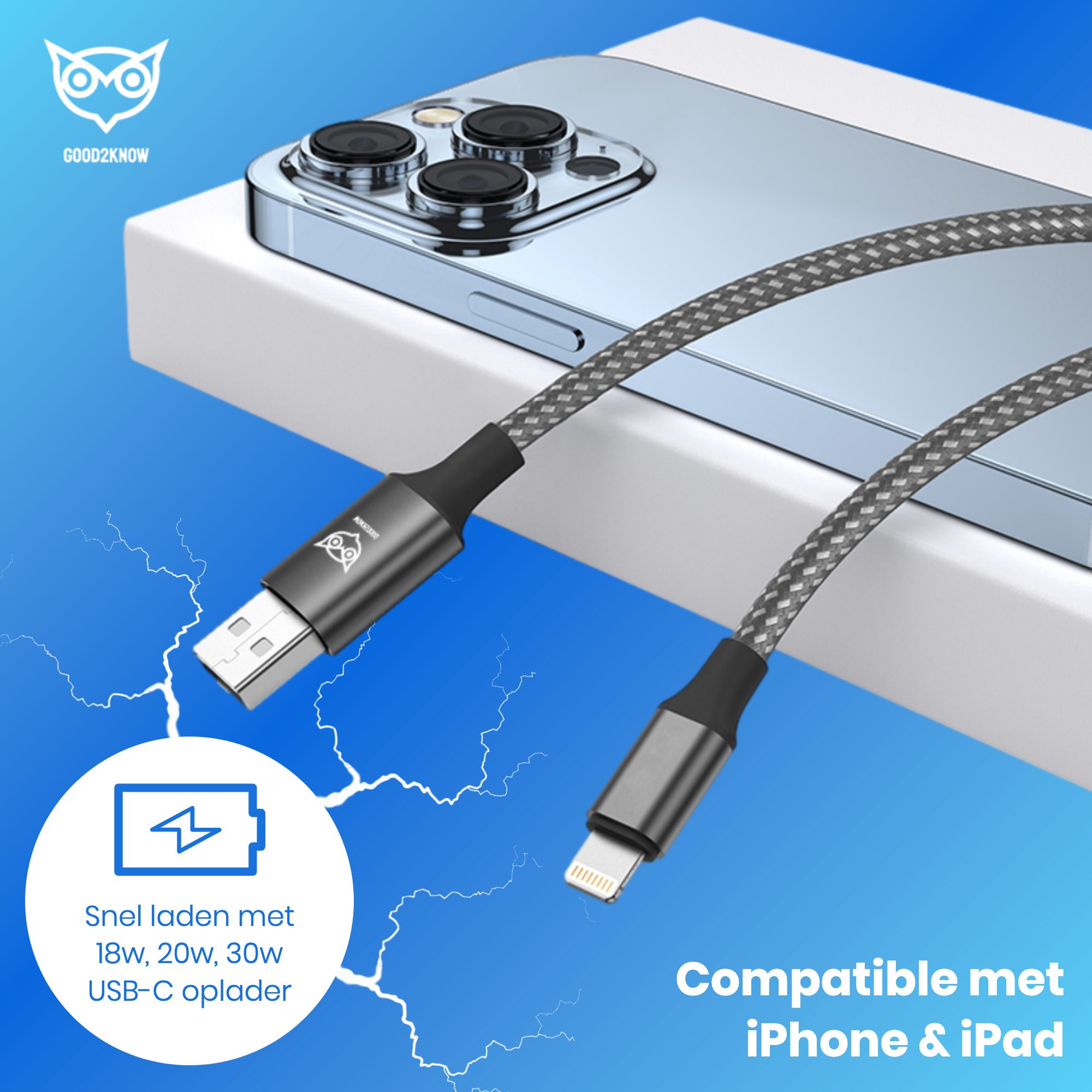 USB A naar Lightning kabel 1 meter geschikt voor Apple iPhone, iPad, Airpods - iPhone oplader kabel - lader