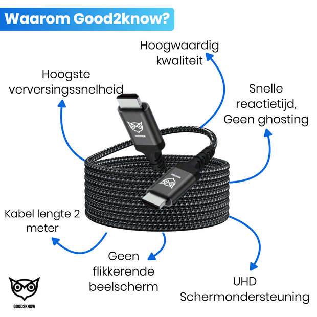 Good2know HDMI kabel 2 meter – HDMI 2.1 - Hdmi naar hdmi – 8k UHD - 4K UHD – Xbox – Ps5 – High speed HDMI