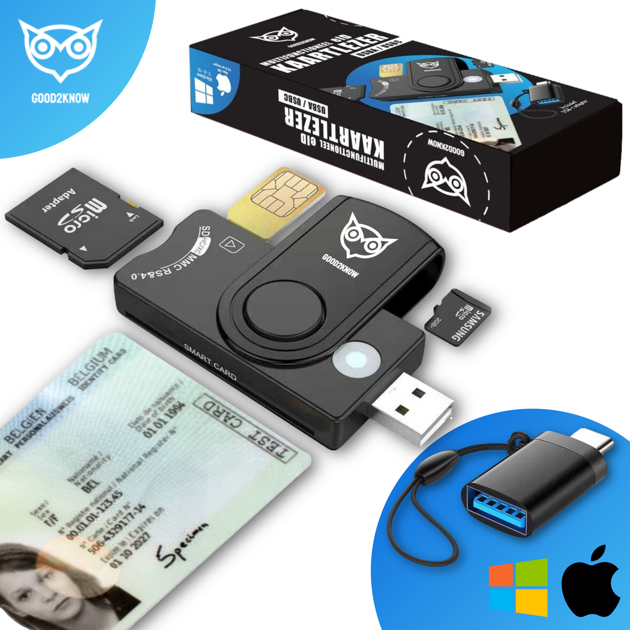 Good2know Id Kaartlezer USB Multifunctioneel eID Geheugenkaartlezer - Klepmodel