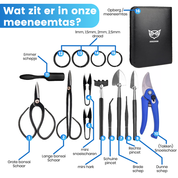 Good2know Bonsai Tool Set - 16 pieces - Bonsai Starters kit - Bonsai tree care kit - Basic set of garden tools 