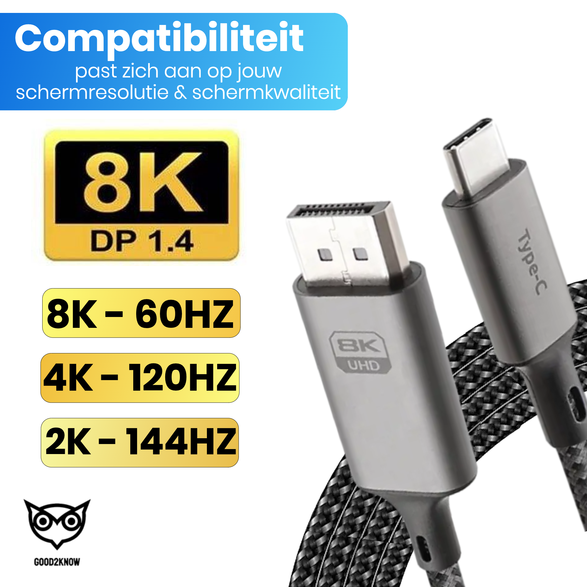 USB-C 3.1 Naar Displayport DP 1.4 - 8K 60Hz - 1 METER