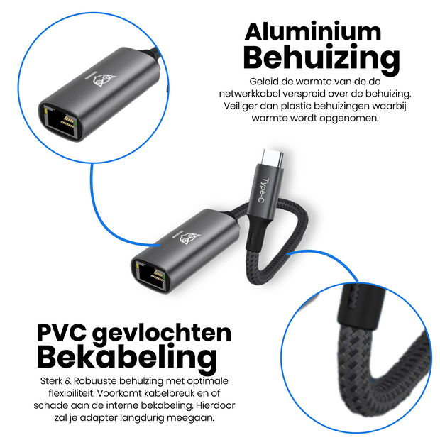 Good2know Ethernet adapter USB-C - Rj45 - USB C naar Ethernet adapter - Internet adapter - 20CM - Aluminium behuizing